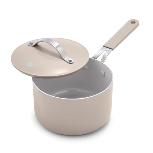 GreenLife 2 Quart Nonstick Saucepan with Lid Lightweight Healthy PFASFree Milk Pan Dishwasher Oven Safe Soup Pan Durable Body Silicone StayCool Handle Easy Release Chefs Pan Taupe - Image 1