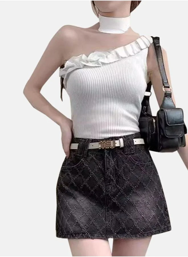 يونيكي Black Printed A-Line Mini Denim Skirts