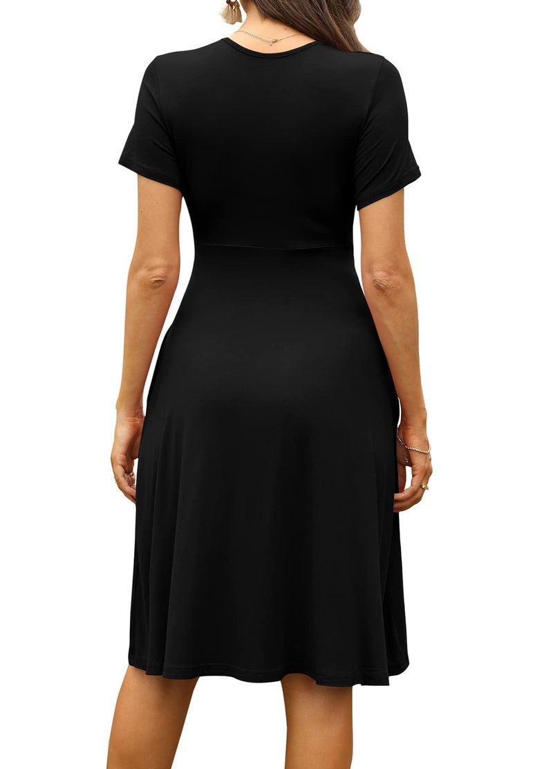 WEACZZY Summer Dress for Women Casual Short Sleeve Black Dresses Wrap V-Neck Party Dress with Pockets,Black,XL - Image 3