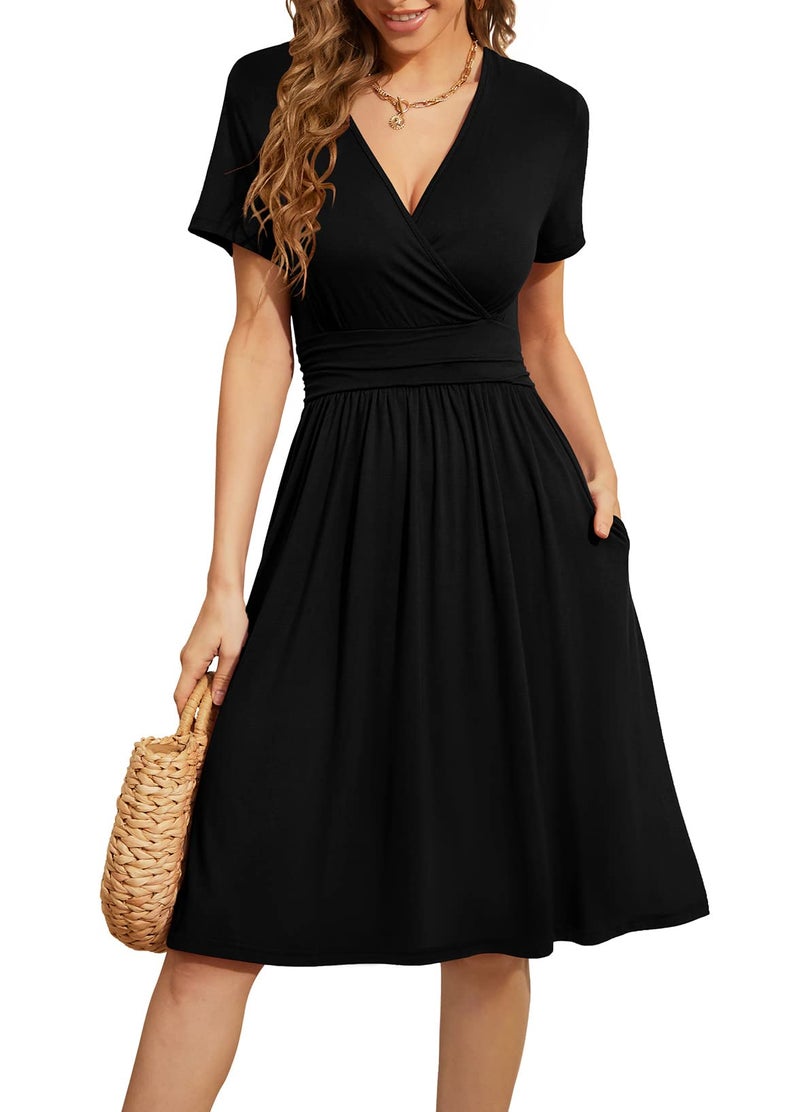 WEACZZY Summer Dress for Women Casual Short Sleeve Black Dresses Wrap V-Neck Party Dress with Pockets,Black,XL - Image 5