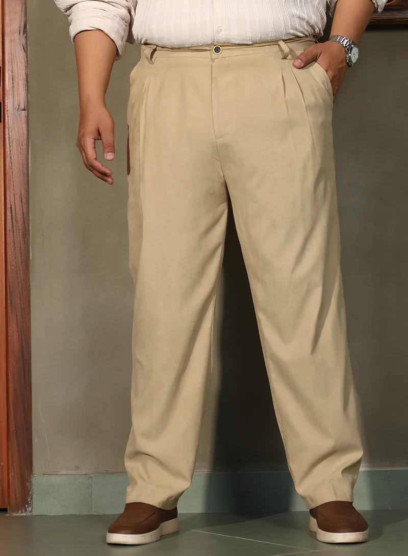 Instafab Plus Instafab Plus Men's Khaki Beige Pleated Tailored Trousers For Casual Wear | Mid-Rise | Straight Fit | Button Closure | Plus Size Trousers Crafted With Comfort Fit For Everyday Wear