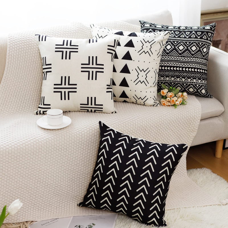 Aoomzoon Pillow Covers 18x18 Set of 4 Modern Boho Geometric Decorative Throw Pillow Covers Cotton Linen Home Decor Cushion Cover for Couch Sofa Living Room Outdoor Car 18x18 Black