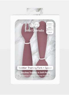ezpz Baby Mini Fork And Spoon Set, Kids Cutlery Set With Case - 12M+ - Mauve  - Image 2