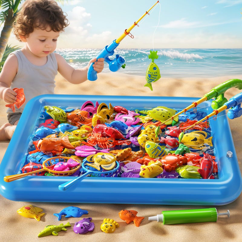 PEADUCK Magnetic Fishing Game Pool Toys Set for Kids 3-5, Water Table Bathtub Toys with Inflatable Pool Pole Rod Net Plastic Floating Fish, Outdoor Toys for Kids Boys Girls Age 3 4 5 6 7 8 Year Old - Image 2