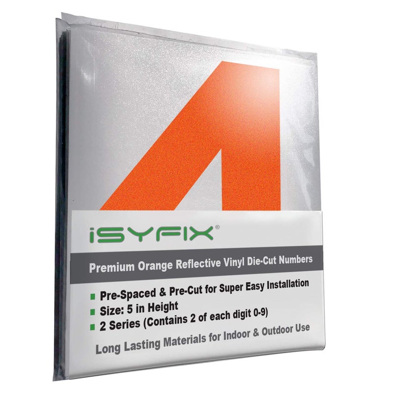 iSYFIX Reflective Orange Vinyl Numbers Stickers - (2 Sets) 5 Inch - Premium Self-Adhesive Decal Die Cut and Pre-Spaced for Mailbox, Signs, Window, Door, Cars, Trucks, Home, Business, Address Number - Image 1