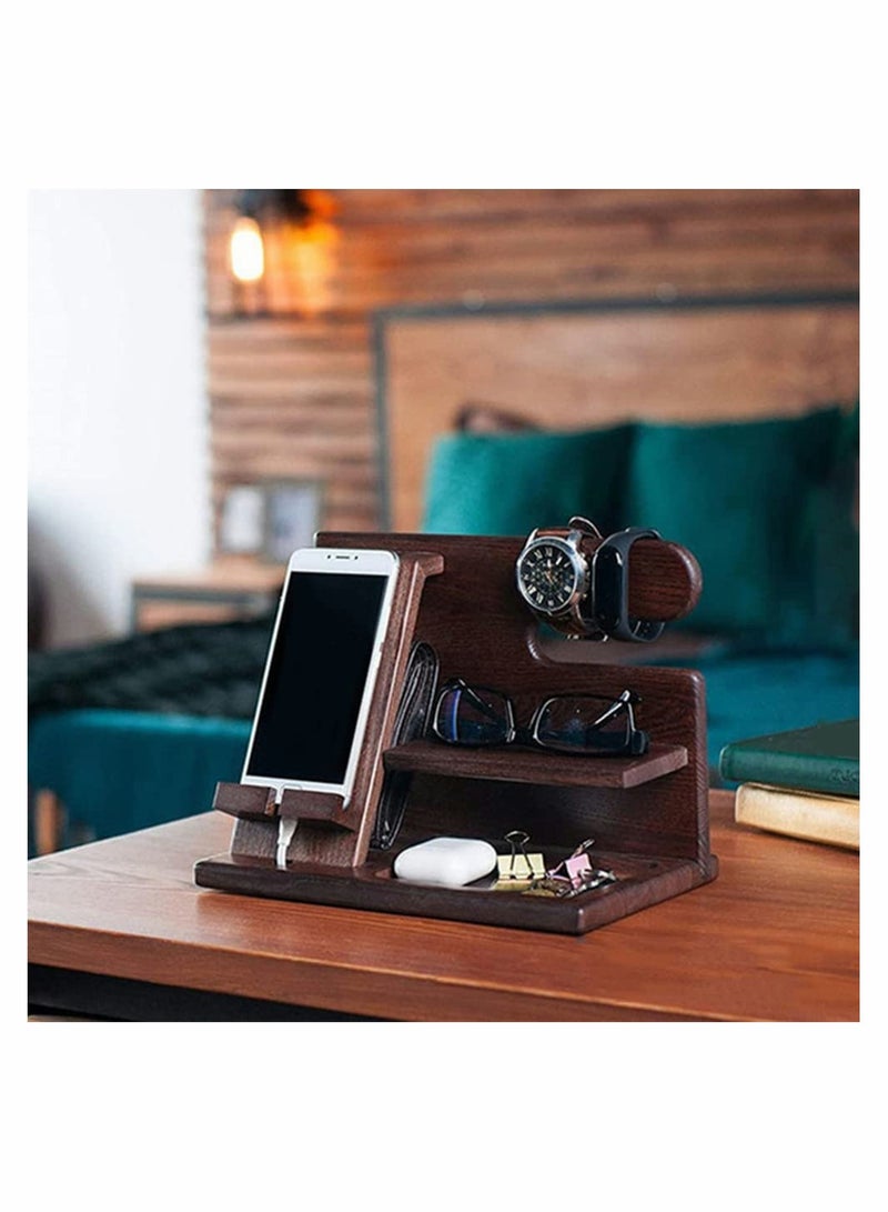 Wooden Phone Docking Station Nightstand Organizer Keychain Wallet Holder Watch Glasses Coin Storage Box Men Husband Boyfriend Dad Son Boss Birthday Gift - Image 2