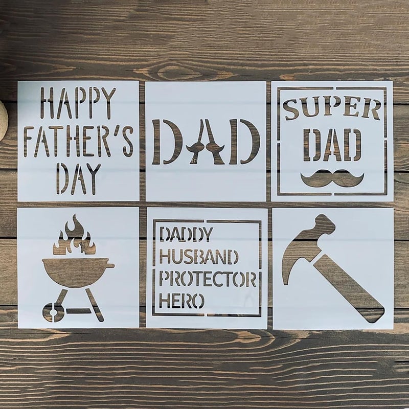 CLITHS Cliths Set of 6 Father’s Day Stencil Set (5x5 Inch Each) Super Dad, Grill & Tool-Themed Templates Reusable DIY Gift Kit for Wood Signs, T-Shirts & Home Decor - Image 1