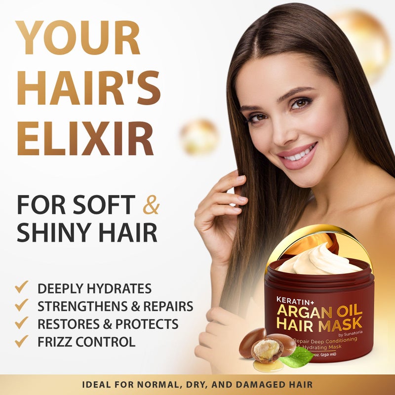 SUNATORIA Hair Mask with Keratin & Argan Oil - Conditioner for Dry, Damaged, Frizzy Hair & Split Ends - Hair Treatment Serum for Hair Repair & Hydrating - 8.5 Fl Oz - Image 2