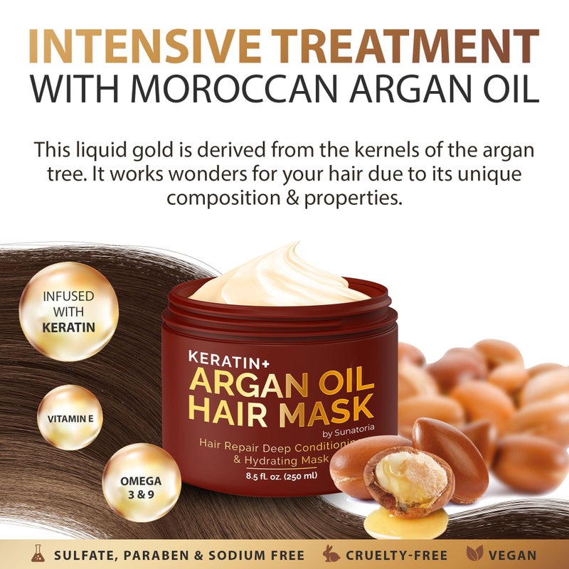 SUNATORIA Hair Mask with Keratin & Argan Oil - Conditioner for Dry, Damaged, Frizzy Hair & Split Ends - Hair Treatment Serum for Hair Repair & Hydrating - 8.5 Fl Oz - Image 3