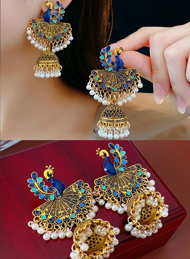 حلق جومكا الطاوة إثنية هندية مطلي بالذهب للنساء، حلق معلق berbentuk جرس بإناميل أزرق ولؤلؤ، مجوهرات عروس تقليدية لزفاف والمهرجانات - Image 1