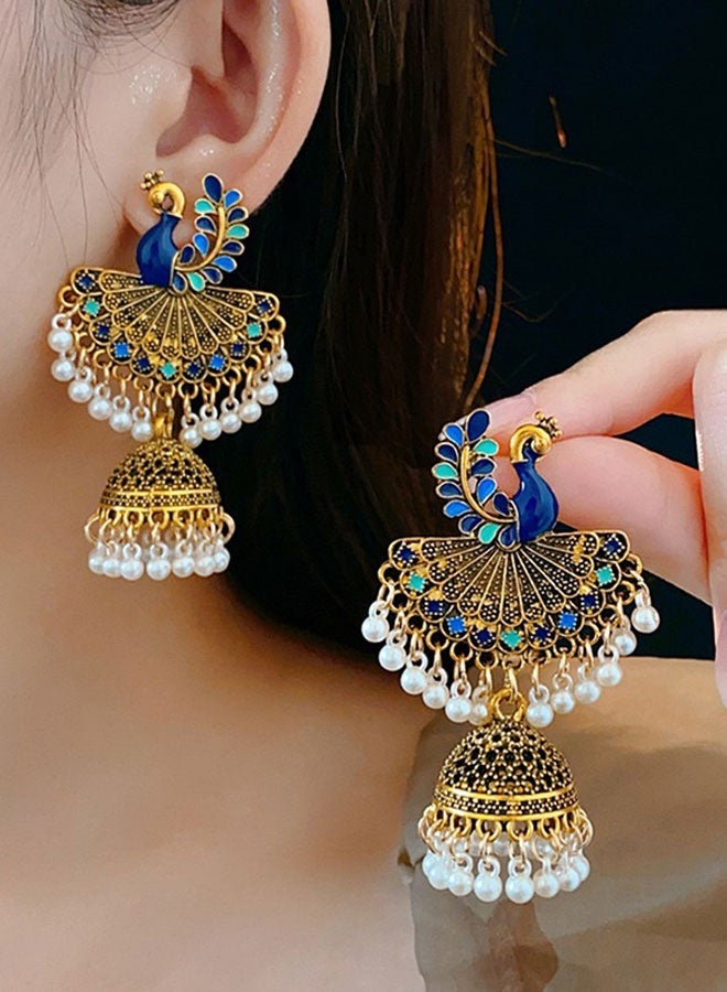 حلق جومكا الطاوة إثنية هندية مطلي بالذهب للنساء، حلق معلق berbentuk جرس بإناميل أزرق ولؤلؤ، مجوهرات عروس تقليدية لزفاف والمهرجانات - Image 5