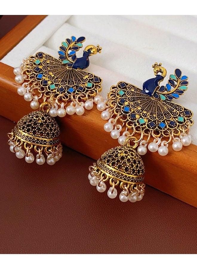 حلق جومكا الطاوة إثنية هندية مطلي بالذهب للنساء، حلق معلق berbentuk جرس بإناميل أزرق ولؤلؤ، مجوهرات عروس تقليدية لزفاف والمهرجانات - Image 4