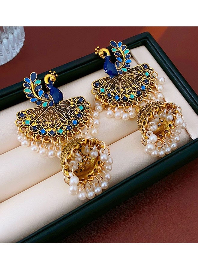 حلق جومكا الطاوة إثنية هندية مطلي بالذهب للنساء، حلق معلق berbentuk جرس بإناميل أزرق ولؤلؤ، مجوهرات عروس تقليدية لزفاف والمهرجانات - Image 3