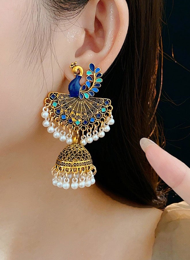 حلق جومكا الطاوة إثنية هندية مطلي بالذهب للنساء، حلق معلق berbentuk جرس بإناميل أزرق ولؤلؤ، مجوهرات عروس تقليدية لزفاف والمهرجانات - Image 2