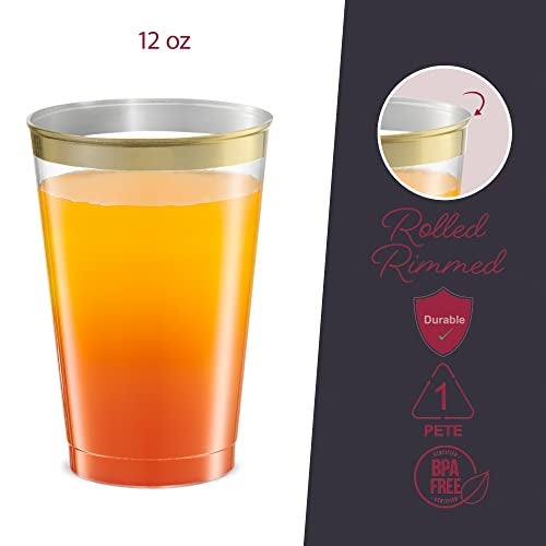 PLASTICPRO Disposable 12 oz Crystal Clear Plastic Tumblers With Gold Rim for Party's & Weddings pack of 50 - Image 2