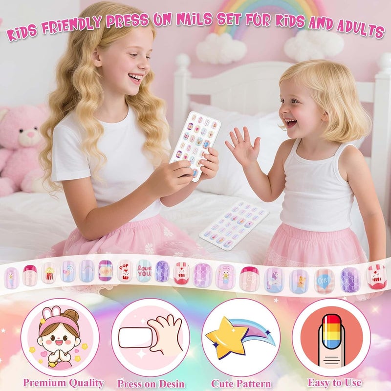 Thrilez 144 Pcs Press on Nails for Girls, Stick On Nails for Kids Short Acrylic Fake Nails Cute Nails Art Stuff for Little Girl 8-10 - Image 2