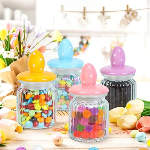 Shitailu Easter Decorations Glass Jars with Ceramic Egg Lids, 4 Pack Airtight Candy Containers for Chocolate Sweets, Mini Eggs Storage, Spring Table Centerpiece Gift（include Eggs） - Image 4