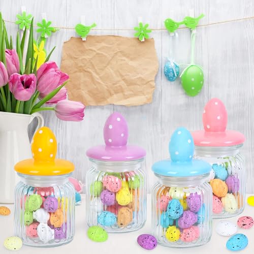 Shitailu Easter Decorations Glass Jars with Ceramic Egg Lids, 4 Pack Airtight Candy Containers for Chocolate Sweets, Mini Eggs Storage, Spring Table Centerpiece Gift（include Eggs） - Image 5