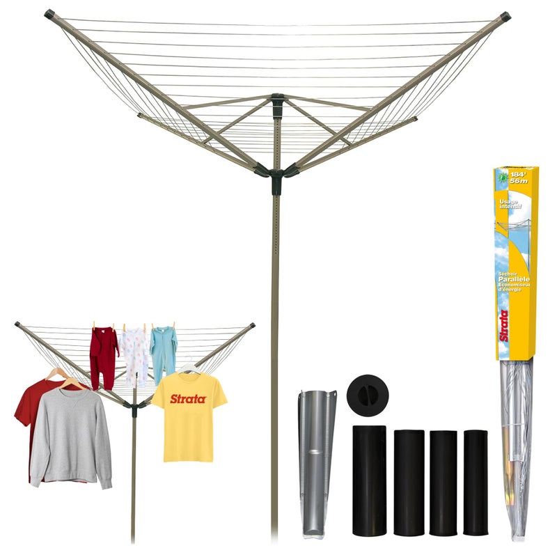 Strata Strata 184 FT Umbrella Clothesline Outdoor  Clothes Line Outdoors Heavy Duty Parallel Silver Aluminum Frame with Ground Spike  Socket  Clotheslines for Outside Laundry Drying Washing Line 