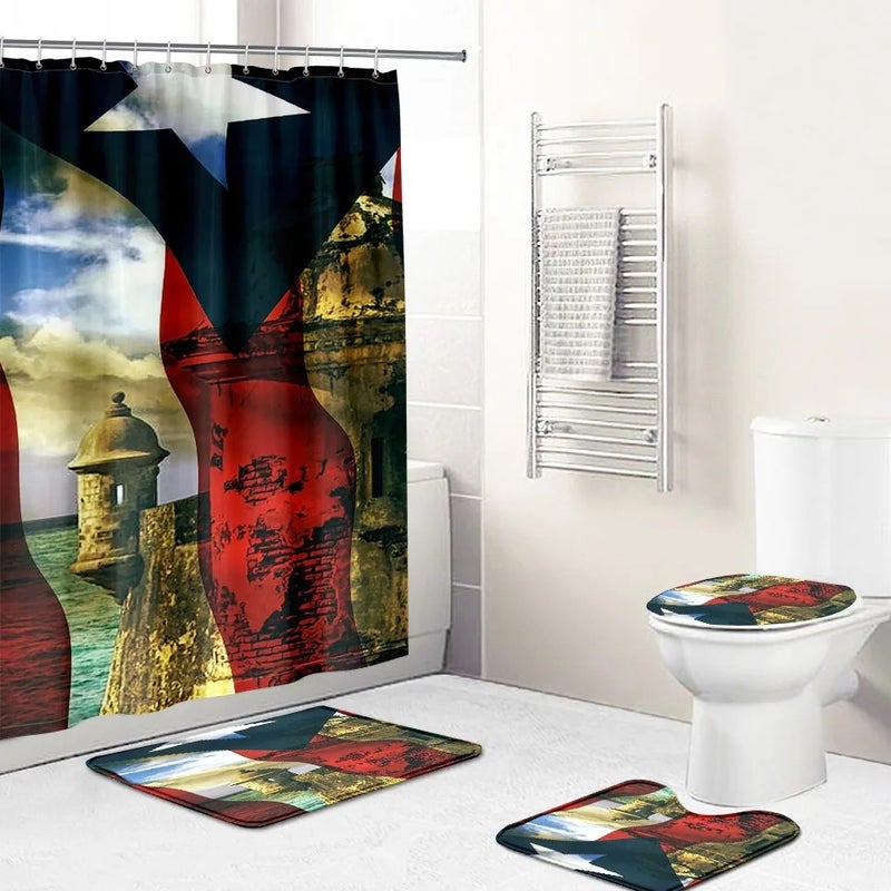 Bluejw 4 Pcs Shower Curtain Sets Puerto Rico Flag Waterproof  Bathroom Set with Non-Slip Rugs Toilet Lid Cover Bath Mat - Image 1