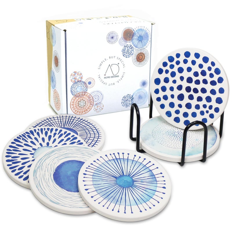 AD Set of 6 Coasters for Drinks Absorbing Round Ceramic Stone Coaster with Cork Base Tabletop Protection Mat for Mugs and Cups Office Kitchen (Blue Watercolor with Holder) - Image 1