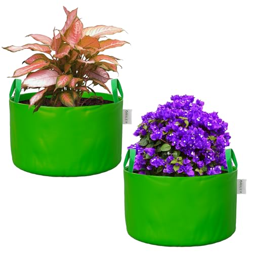 Oriley Grow Bag Heavy Duty HDPE Plants Flower Growing Bags Floor Standing Mount Type for Home Garden Balcony Terrace Kitchen Nursery (Green, Round with Handle, 250 GSM 15 x 15 inch Pack of 2) - Image 1