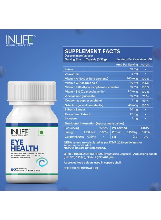 Inlife مكملات صحة العين من INLIFE | فيتامينات العناية بالعين لوتين، زياكسانثين، بذور العنب، توت العليق، زنك، سيلينيوم، لايكوبين - 60 كبسولة نباتية (عبوة من 1، 60) - Image 2
