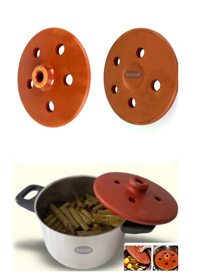 غطاء دولما مصنوع يدويًا من الطين، وغطاء لفافة ورق عنب من الطين الحراري غير المزجج، ومكبس شواء طبخ مرجح من الفخار الطبيعي (متوسط ​​8.2 بوصة) - Image 4