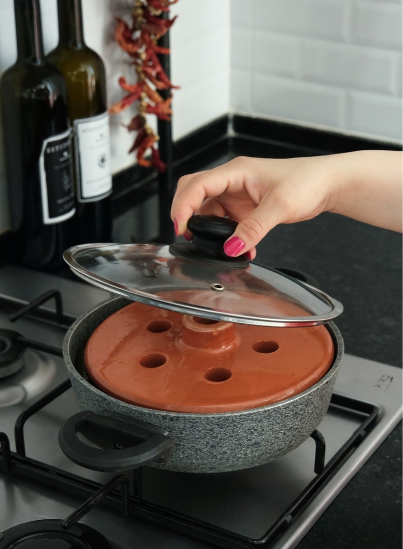 غطاء دولما مصنوع يدويًا من الطين، وغطاء لفافة ورق عنب من الطين الحراري غير المزجج، ومكبس شواء طبخ مرجح من الفخار الطبيعي (متوسط ​​8.2 بوصة) - Image 1