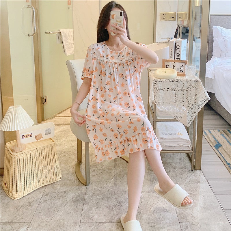 Women'S Cotton Silk Nightdress Summer Short Sleeve Plus Size Round Neck Pajamas Internet Celebrity High Sense Printed Home Wear - Image 3