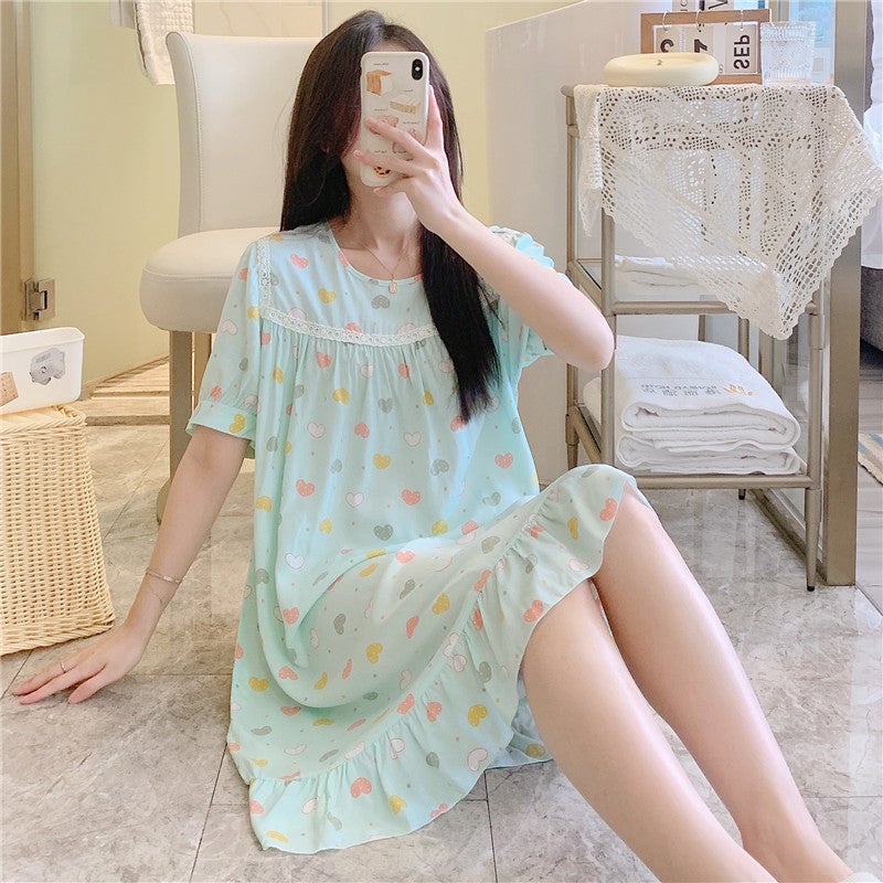 Women'S Cotton Silk Nightdress Summer Short Sleeve Plus Size Round Neck Pajamas Internet Celebrity High Sense Printed Home Wear - Image 1