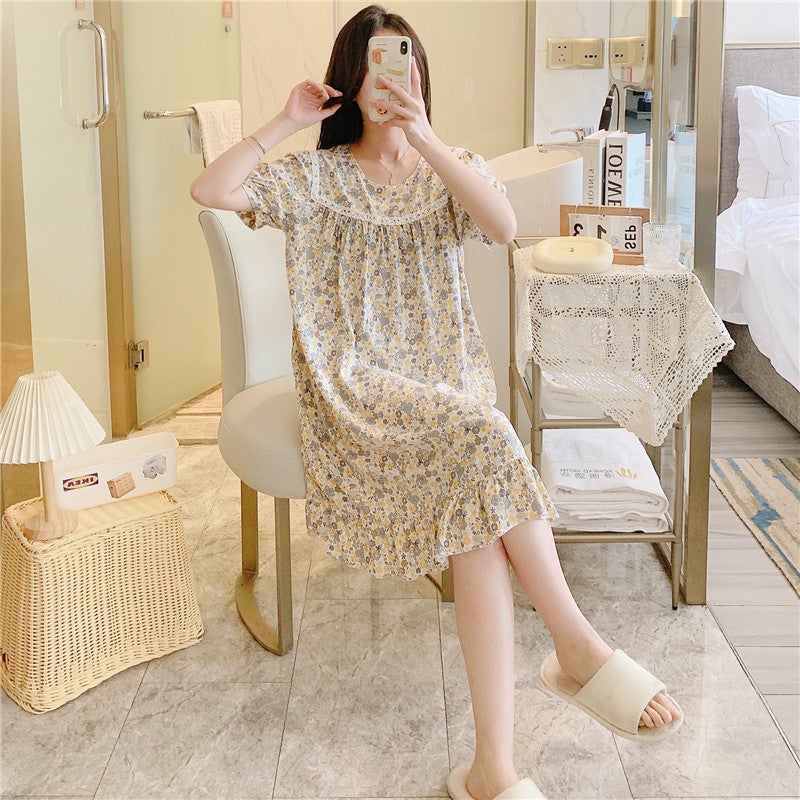 Women'S Cotton Silk Nightdress Summer Short Sleeve Plus Size Round Neck Pajamas Internet Celebrity High Sense Printed Home Wear - Image 2
