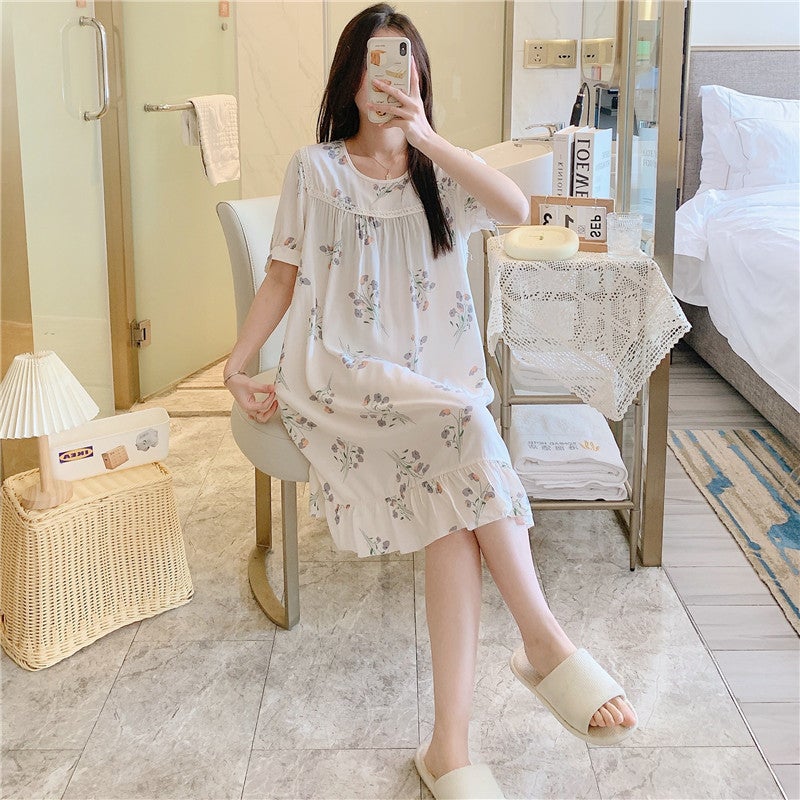 Women'S Cotton Silk Nightdress Summer Short Sleeve Plus Size Round Neck Pajamas Internet Celebrity High Sense Printed Home Wear - Image 4