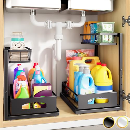 Fabutier Under Sink Organizer 2 Pack Cabinet Organizer for Kitchen Height Adjustable Pull Out Heavy Duty 2 Tier Metal Under Sink Storage for Bathroom Pantry Black 2 Pack - Image 1