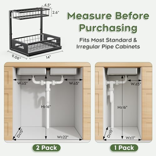Fabutier Under Sink Organizer 2 Pack Cabinet Organizer for Kitchen Height Adjustable Pull Out Heavy Duty 2 Tier Metal Under Sink Storage for Bathroom Pantry Black 2 Pack - Image 3