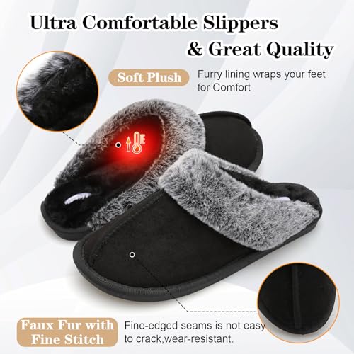 Besroad Winter Fur House Slippers for Men Fuzzy Sandals Furry Slides Memory Foam Slippers Slip On Home Flat for Indoor Outdoor Black 11-12 - Image 3