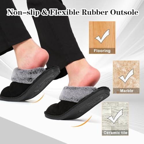 Besroad Winter Fur House Slippers for Men Fuzzy Sandals Furry Slides Memory Foam Slippers Slip On Home Flat for Indoor Outdoor Black 11-12 - Image 5