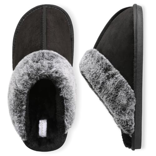 Besroad Winter Fur House Slippers for Men Fuzzy Sandals Furry Slides Memory Foam Slippers Slip On Home Flat for Indoor Outdoor Black 11-12 - Image 1