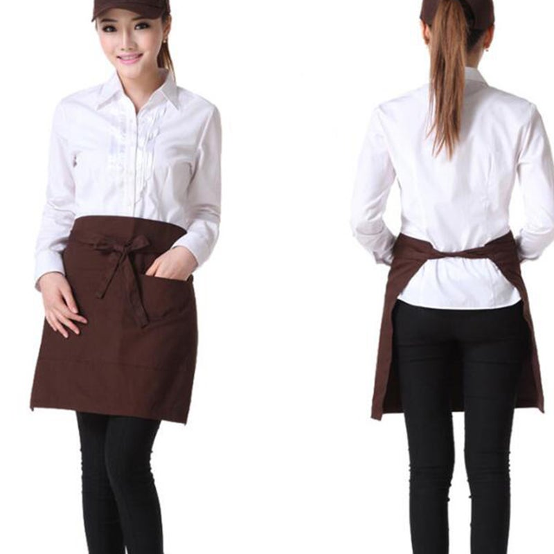 Half-length Working Apron Waist Apron Short Serving Aprons with Pockets Waiter Waitress Workwear (Coffee Polyester Material) - Image 3