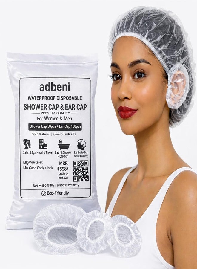 Adbeni Premium Disposable Waterproof Ear Caps 100 Pcs + Shower Caps 50 Pcs Combo | Soft Comfortable Elastic Fit for Women, Men & Kids | For Bath, Hair Dye, Coloring, Salon, Spa | Hygienic - Image 1