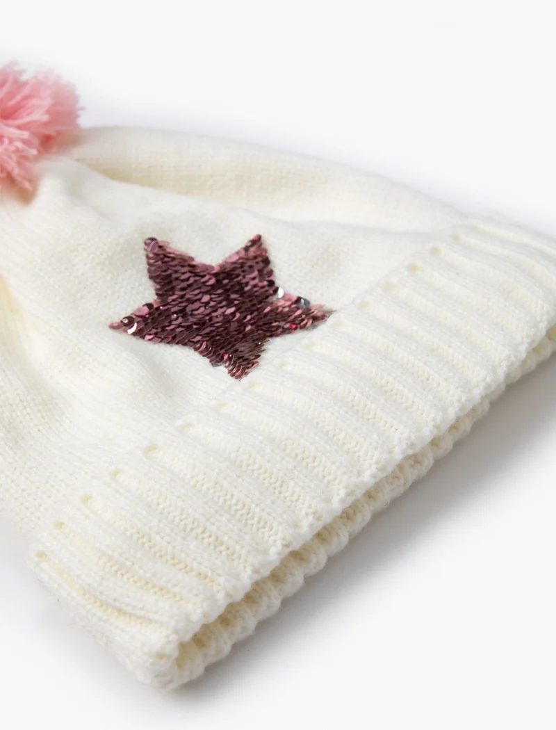 KOTON Cotton Pompom Beanie with Star Detail and Sequins