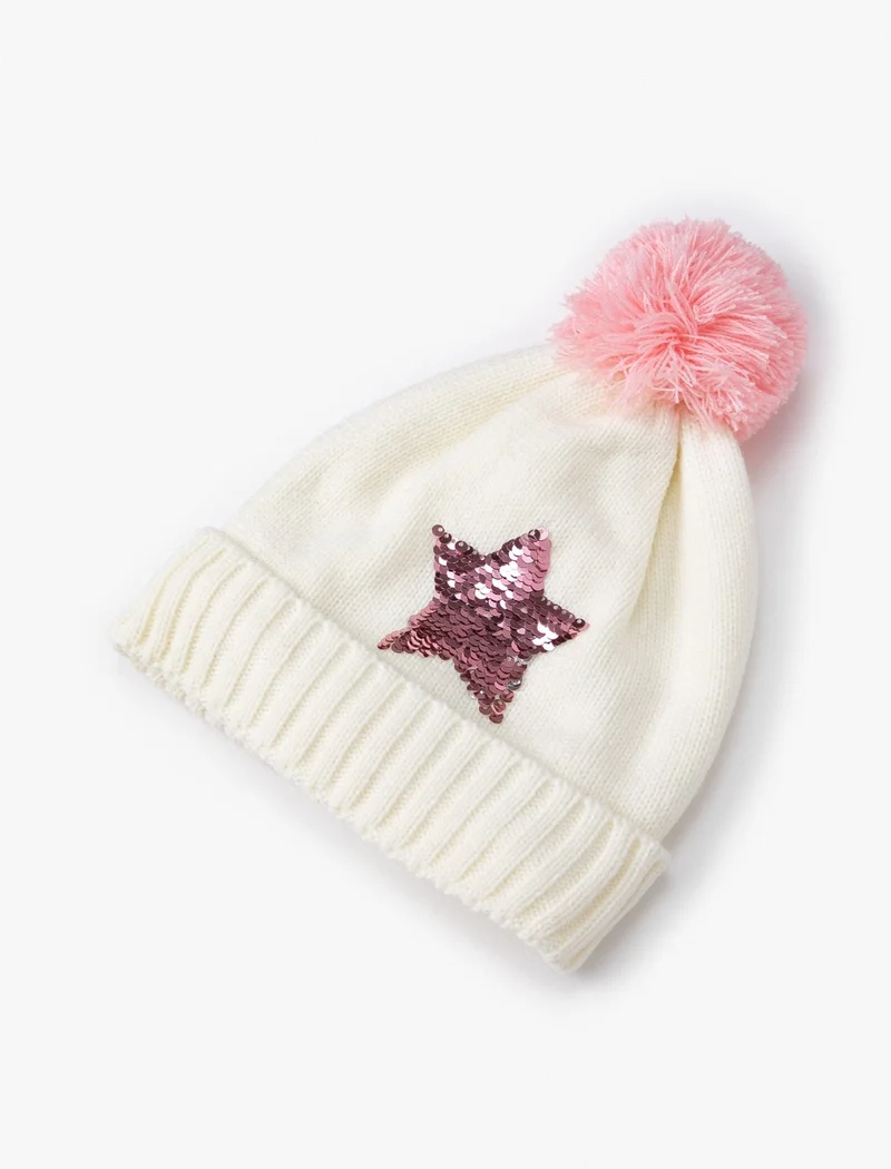 KOTON Cotton Pompom Beanie with Star Detail and Sequins