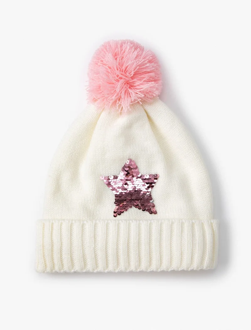 KOTON Cotton Pompom Beanie with Star Detail and Sequins