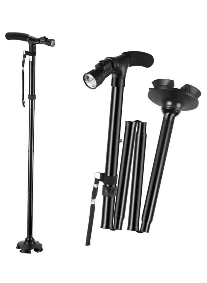 Yuwell Canes Foldable And Retractable Walking Stick For Unisex Bionics Wear Resistant Non-Slip Pad Elderly Crutch Body Mechanics, Principles Cane Ultimate Magic Cane With LED Light Black - Image 1