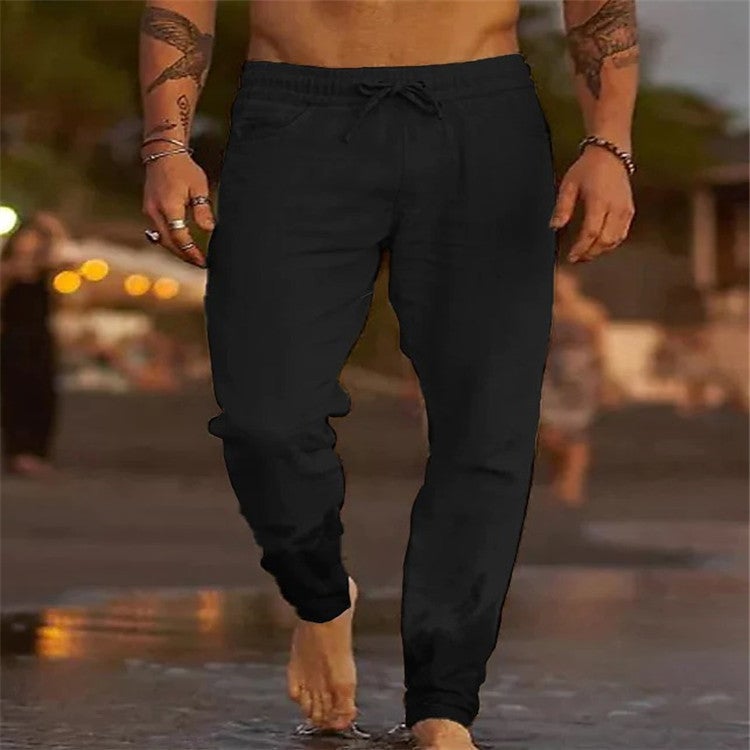 European and American Cross-border 2025 Summer New Mens Solid Color Casual Pants Loose Niche Drawstring Beach Straight Pants Black 
