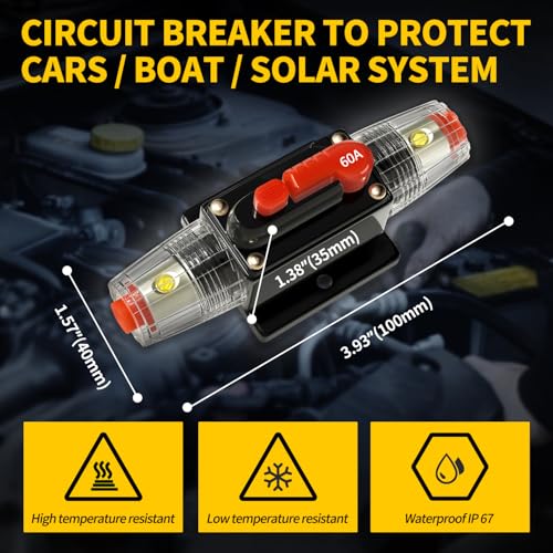 Bolipoeq 60 Amp Manual Reset Circuit Breaker DC 12-48V Waterproof Inline Fuse Holder, 3-15 AWG Overload Protection for Car Audio Sound Amplifier System RV Marine Boat Truck Solar (Pack of 2) - Image 2