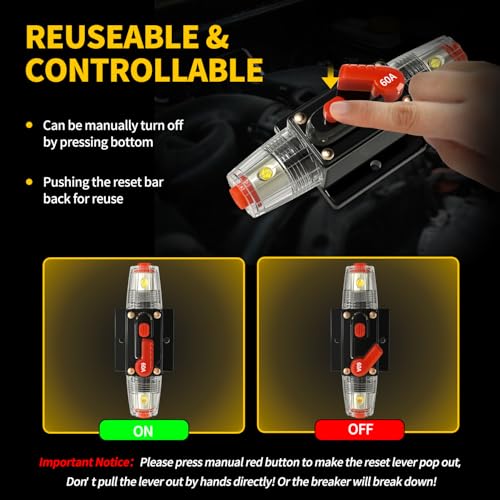 Bolipoeq 60 Amp Manual Reset Circuit Breaker DC 12-48V Waterproof Inline Fuse Holder, 3-15 AWG Overload Protection for Car Audio Sound Amplifier System RV Marine Boat Truck Solar (Pack of 2) - Image 4