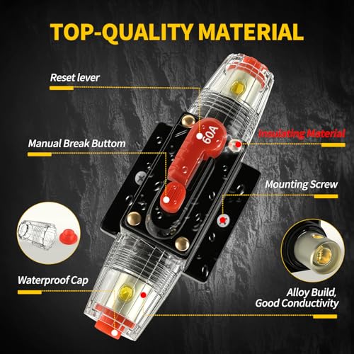 Bolipoeq 60 Amp Manual Reset Circuit Breaker DC 12-48V Waterproof Inline Fuse Holder, 3-15 AWG Overload Protection for Car Audio Sound Amplifier System RV Marine Boat Truck Solar (Pack of 2) - Image 3