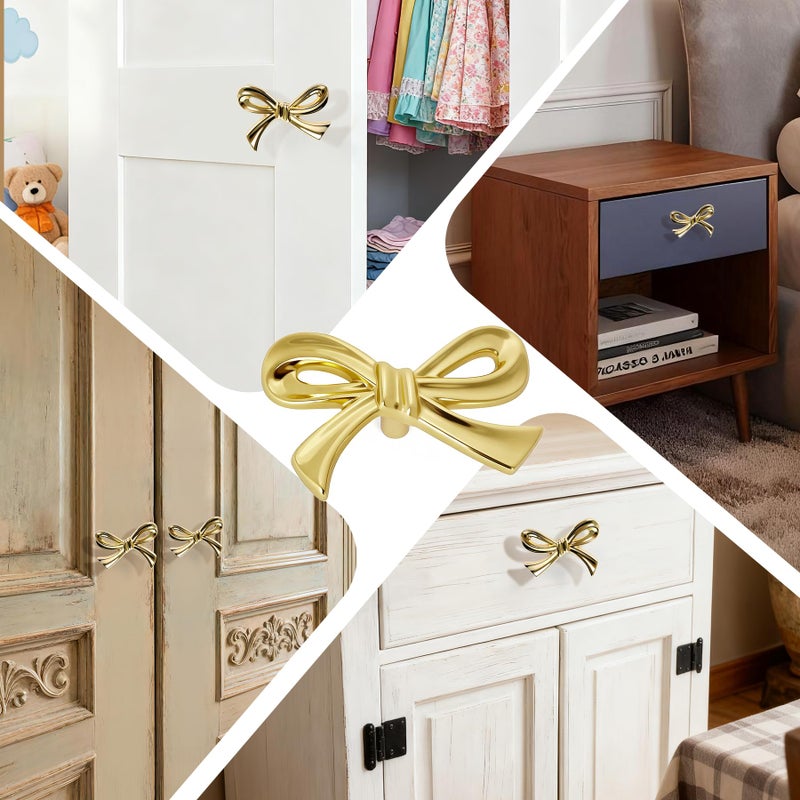 CEYMIO 8 Pack Brushed Gold Bow Dresser Knobs, Small Decorative Cabinet Drawer Pull Handles for Girls Bedroom and Nursery Room Decor - Image 3