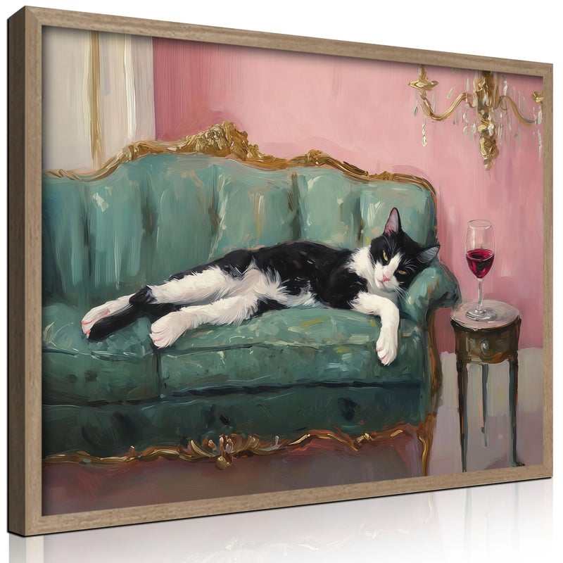 NCYEL Wooden Framed Black And White Cat Wall Art Modern Style Canvas Print Lazy Persian Cat Poster Picture Decoration Painting Gallery Style Artwork Suitable For Living Room Bedroom Decoration 12x16 Inch - Image 1